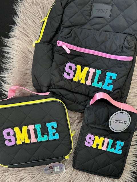 SMILE Quilted Backpack, Lunchbox or Snack Bag